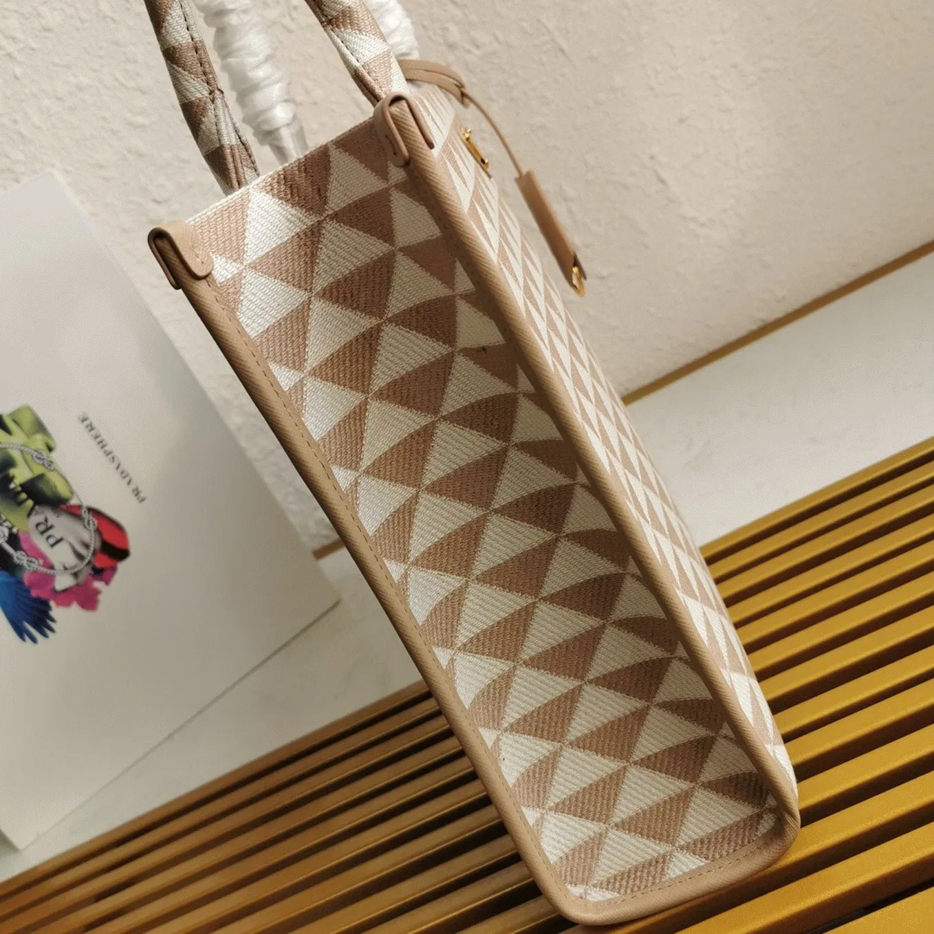 Prada Symbole Large Bag Knockoff in Beige/White Jacquard Fabric — image 9