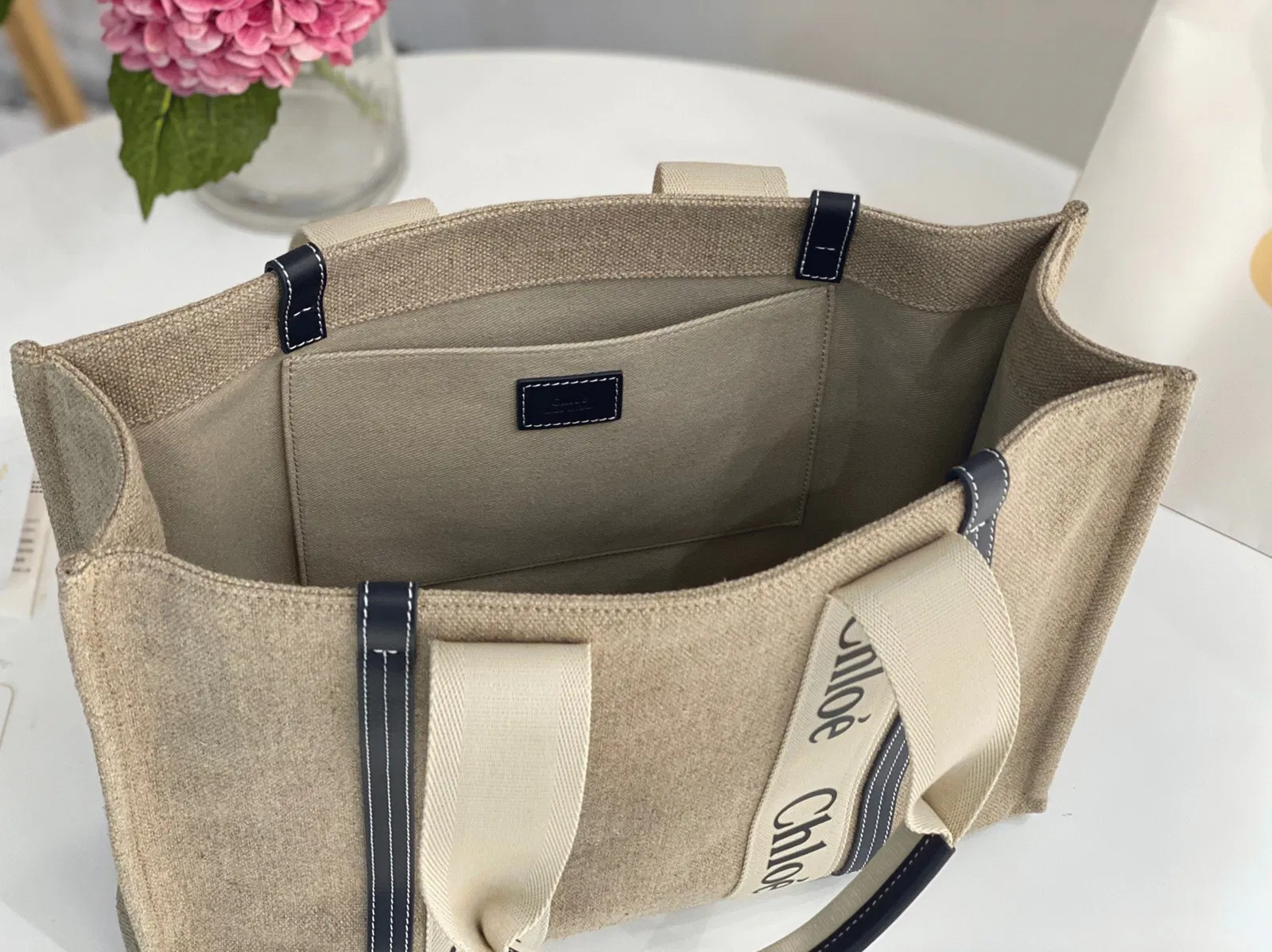 Top Quality Chloe Woody Large Tote Bag in Linen Canvas with Navy Blue Leather — image 9