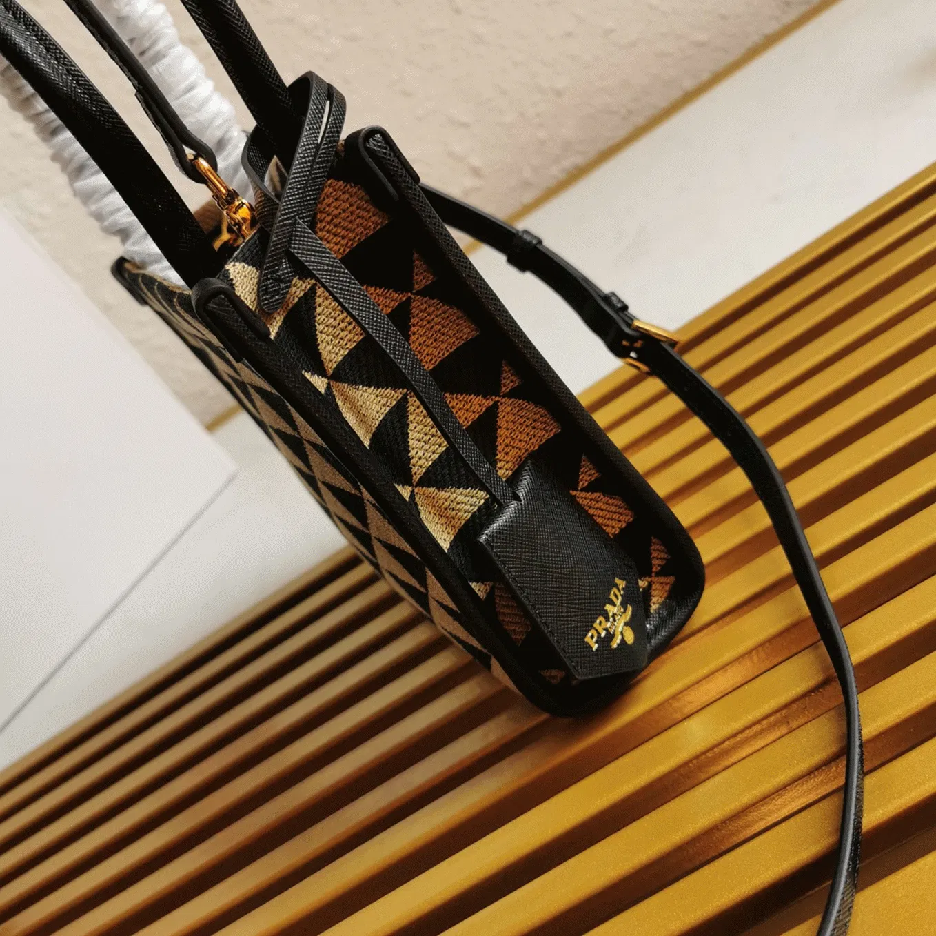 Prada Symbole Micro Bag in Black/Beige Jacquard Fabric — image 9