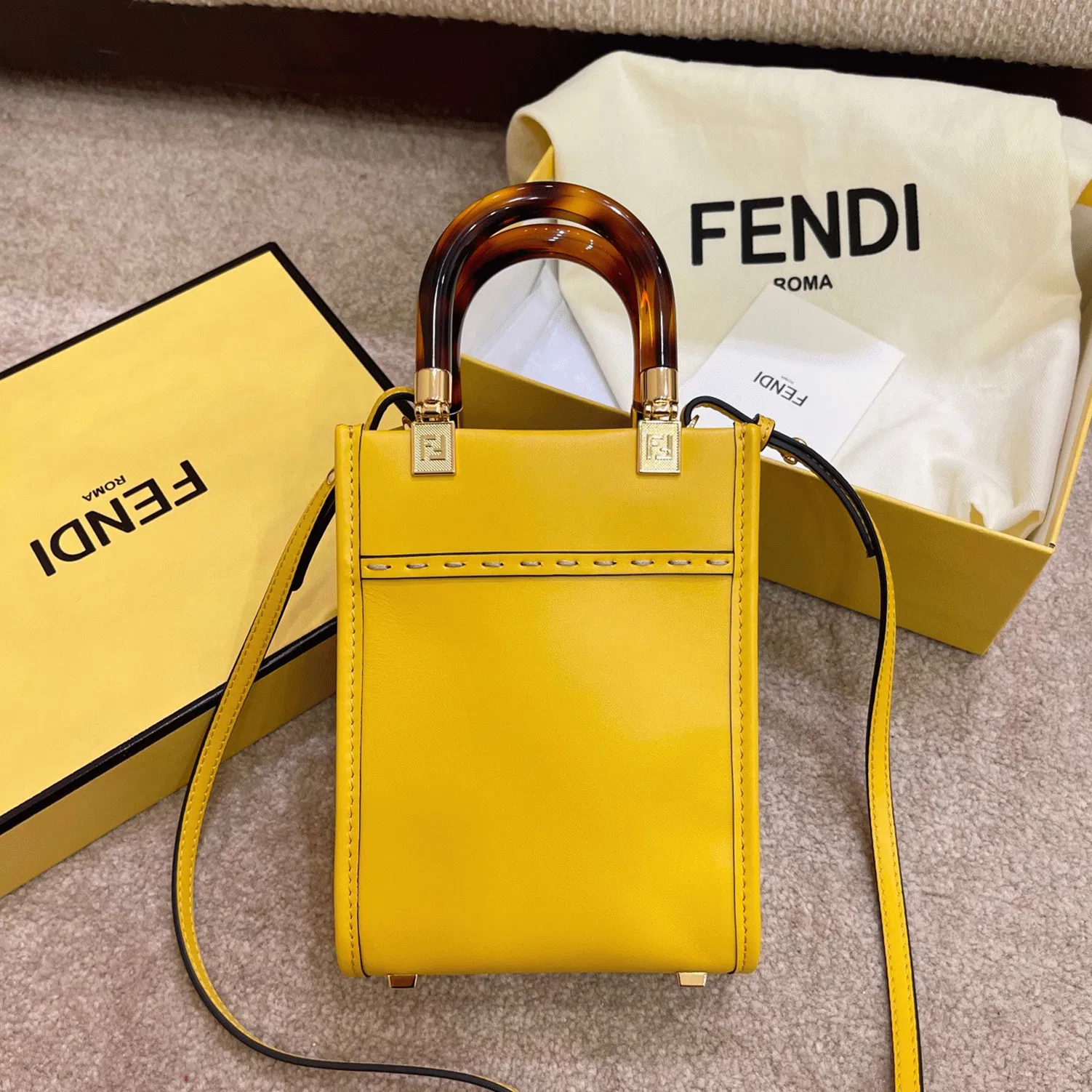 Top Quality Fendi Mini Sunshine Shopper Bag In Yellow Leather — image 3