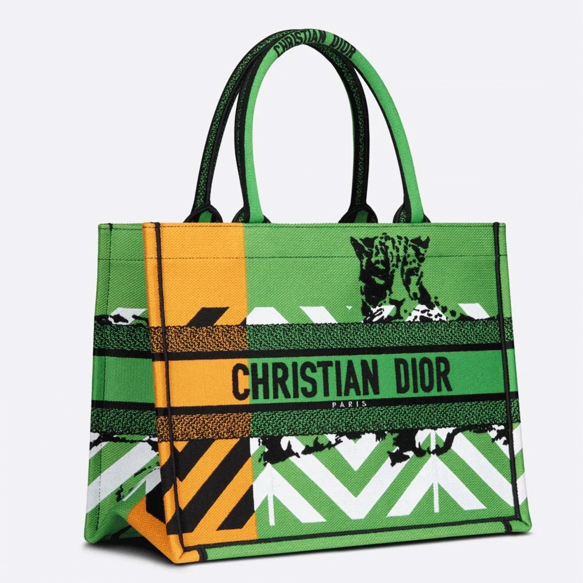 Dior Medium Book Tote Bag in Green D-Jungle Pop Embroidery