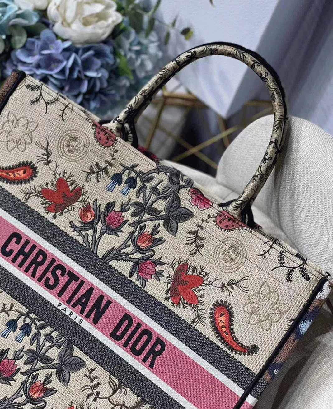 Dior Large Book Tote Bag in Multicolor Dior Flowers Embroidery — image 2