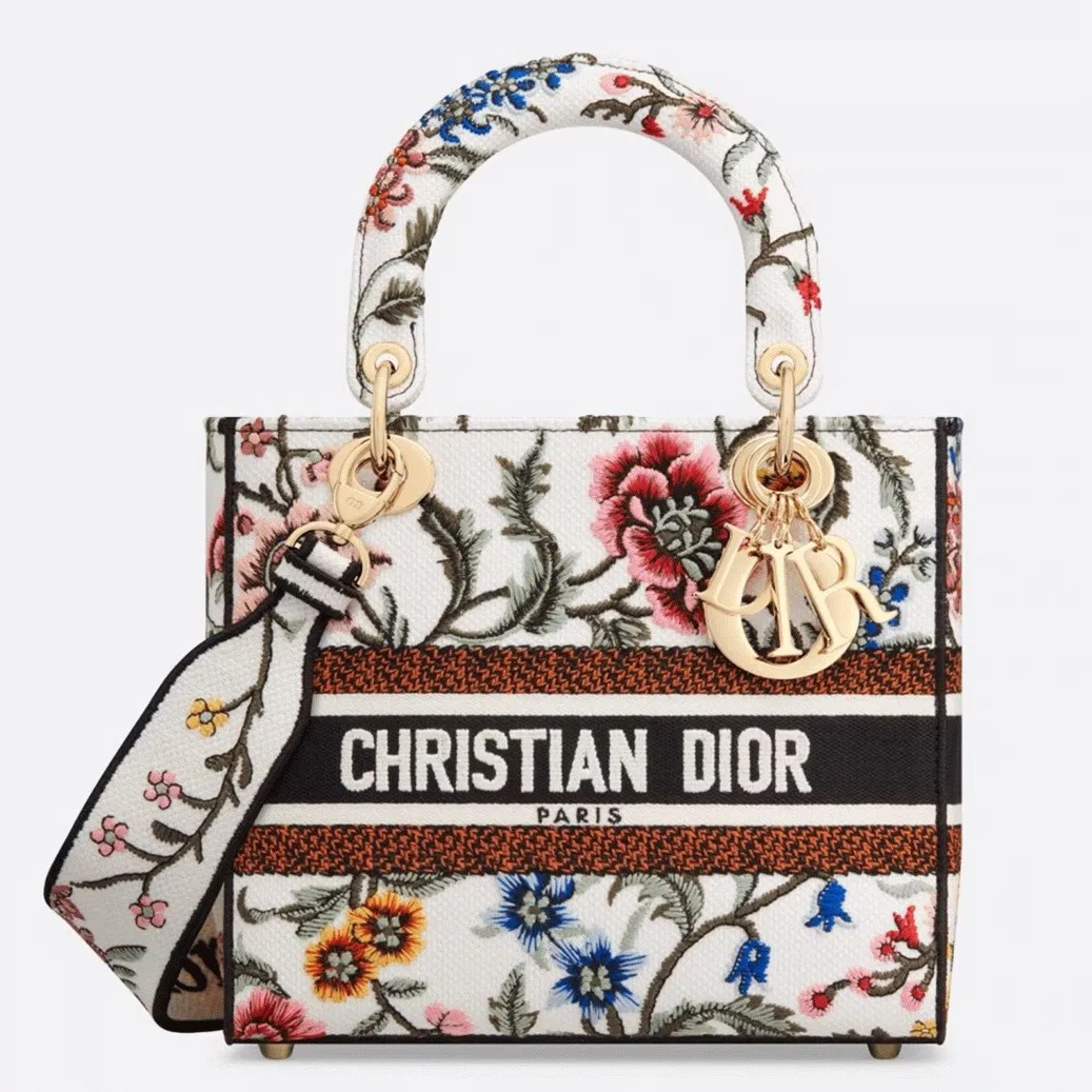 Dior Lady D-Lite Medium Bag in White Dior Petites Fleurs Embroidery