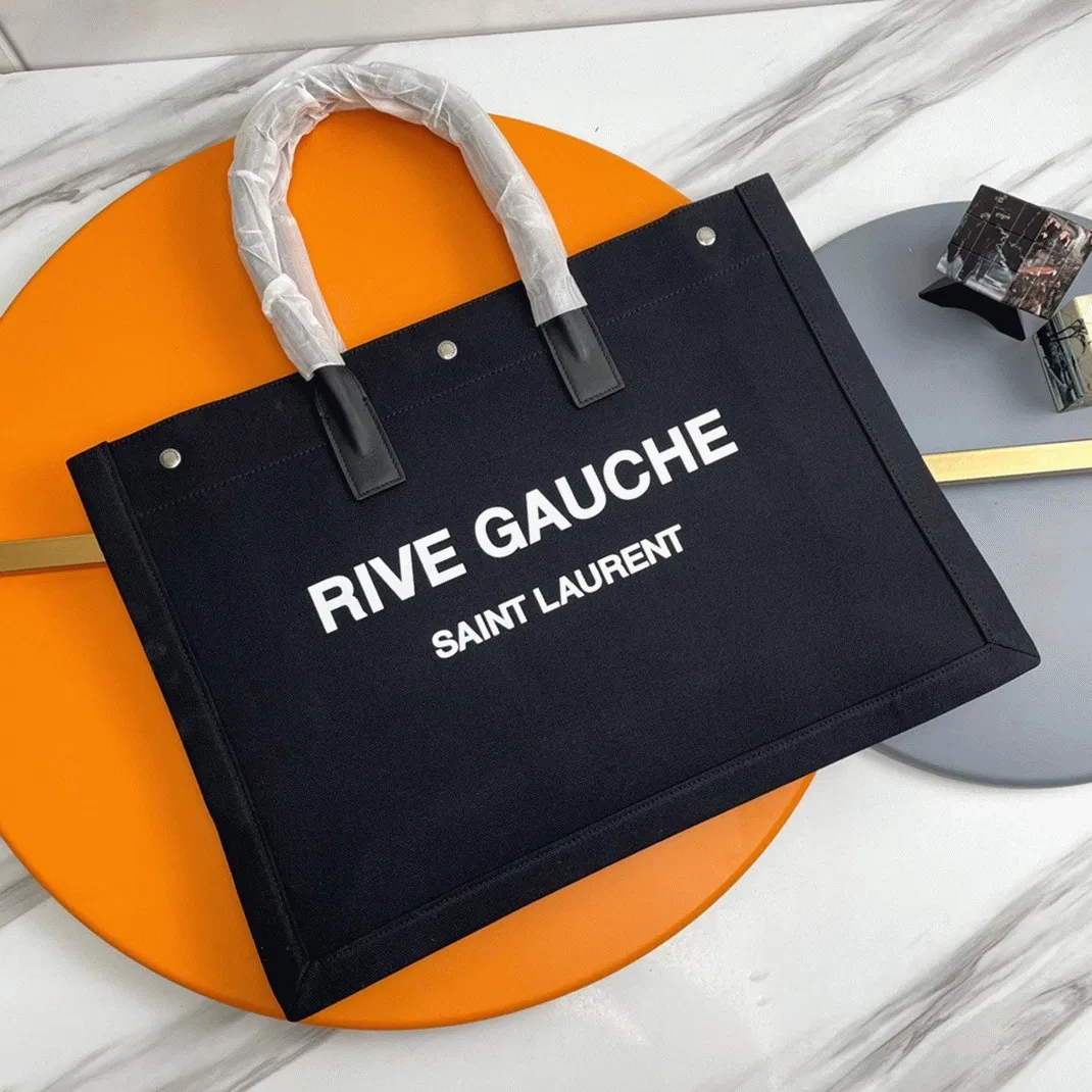 Saint Laurent Rive Gauche Tote Bag Black Linen and Leather — image 4