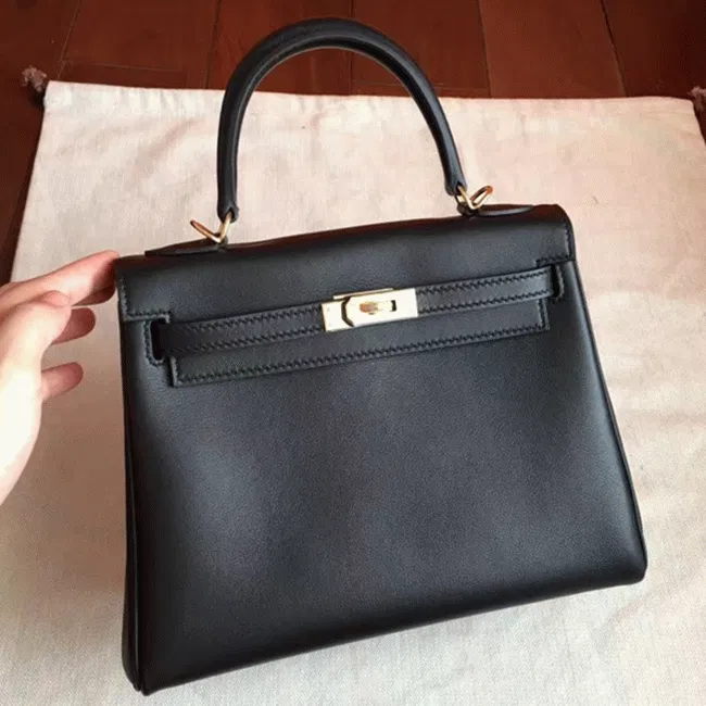 Black Swift Hermes Kelly 25cm Retourne Soft Bag