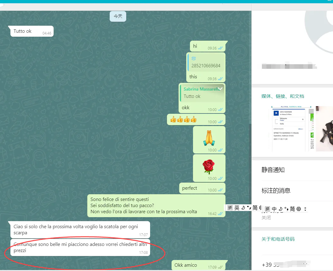 WhatsApp customer review from Italy