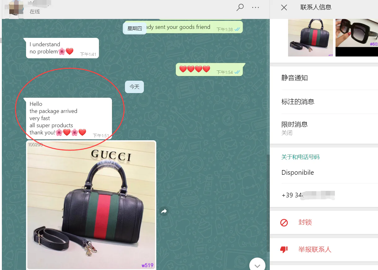 WhatsApp customer review from Italy