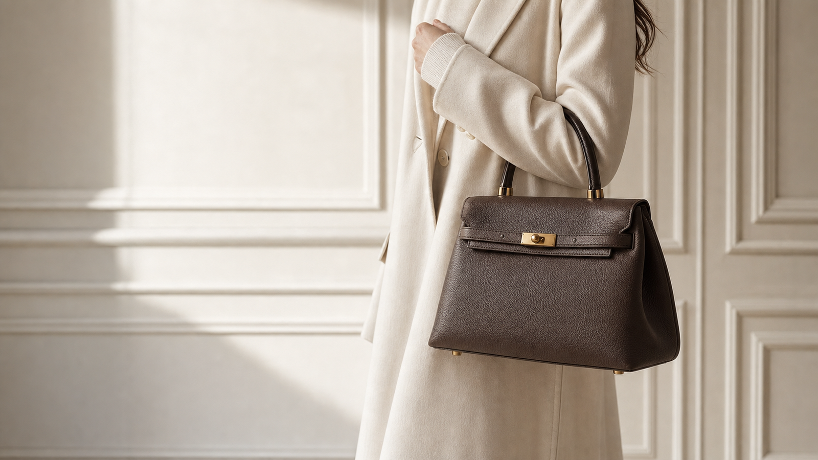 Woman in an ivory coat carrying a structured leather handbag
