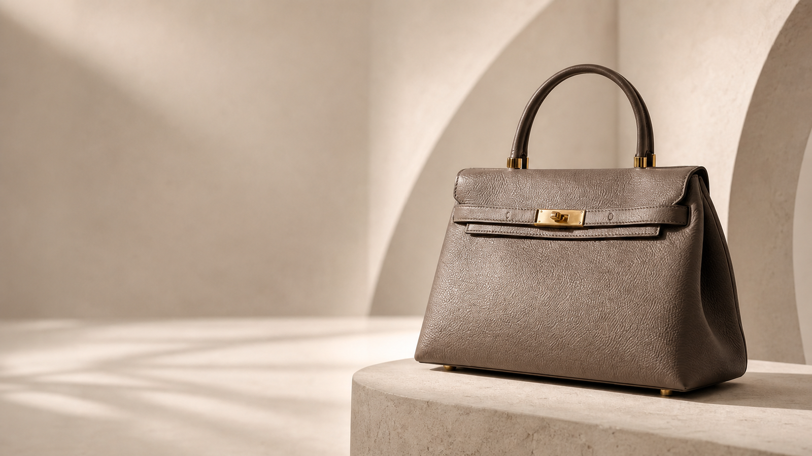 Taupe leather top-handle bag in an architectural studio