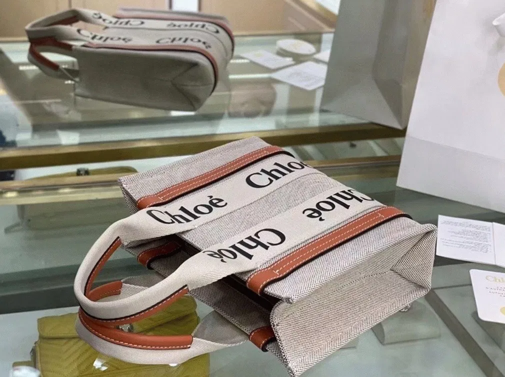 Top Quality Knockoff Chloe Small Woody Tote Bag in Canvas with Brown Leather Strips — image 9