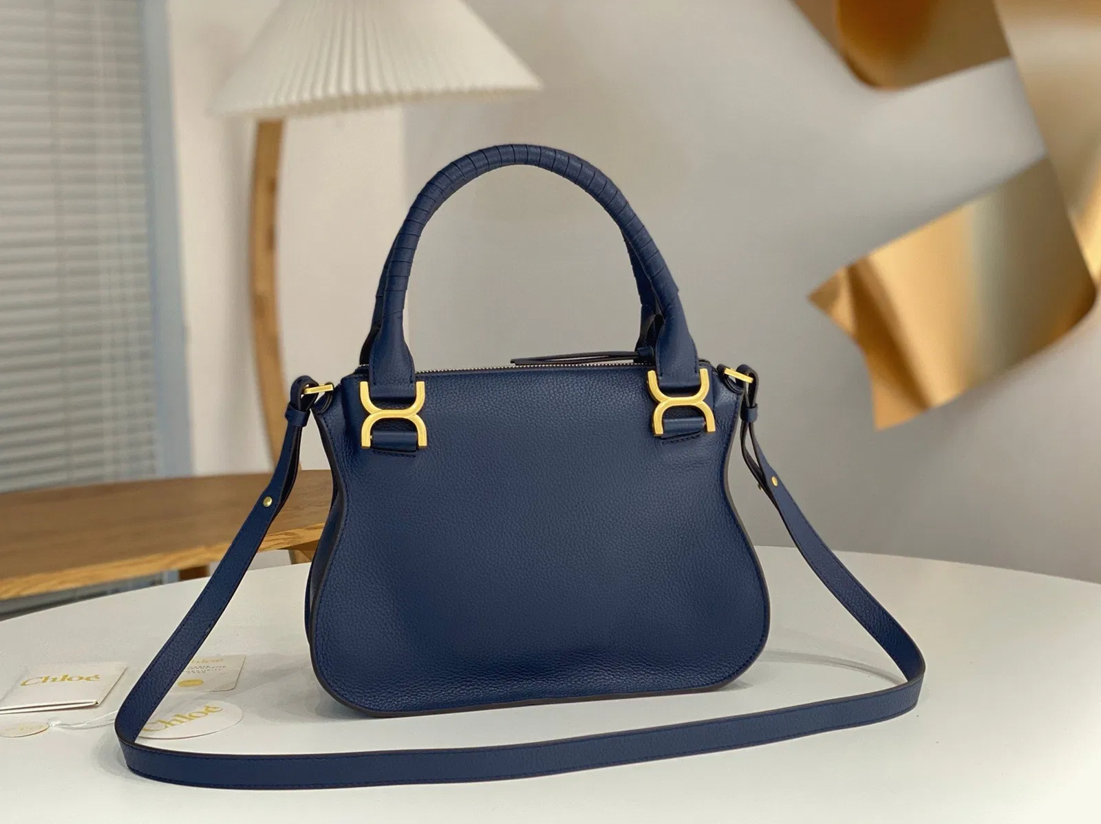 Top Quality Fake Chloe Marcie Small Double Carry Bag in Blue Grained Leather — image 4