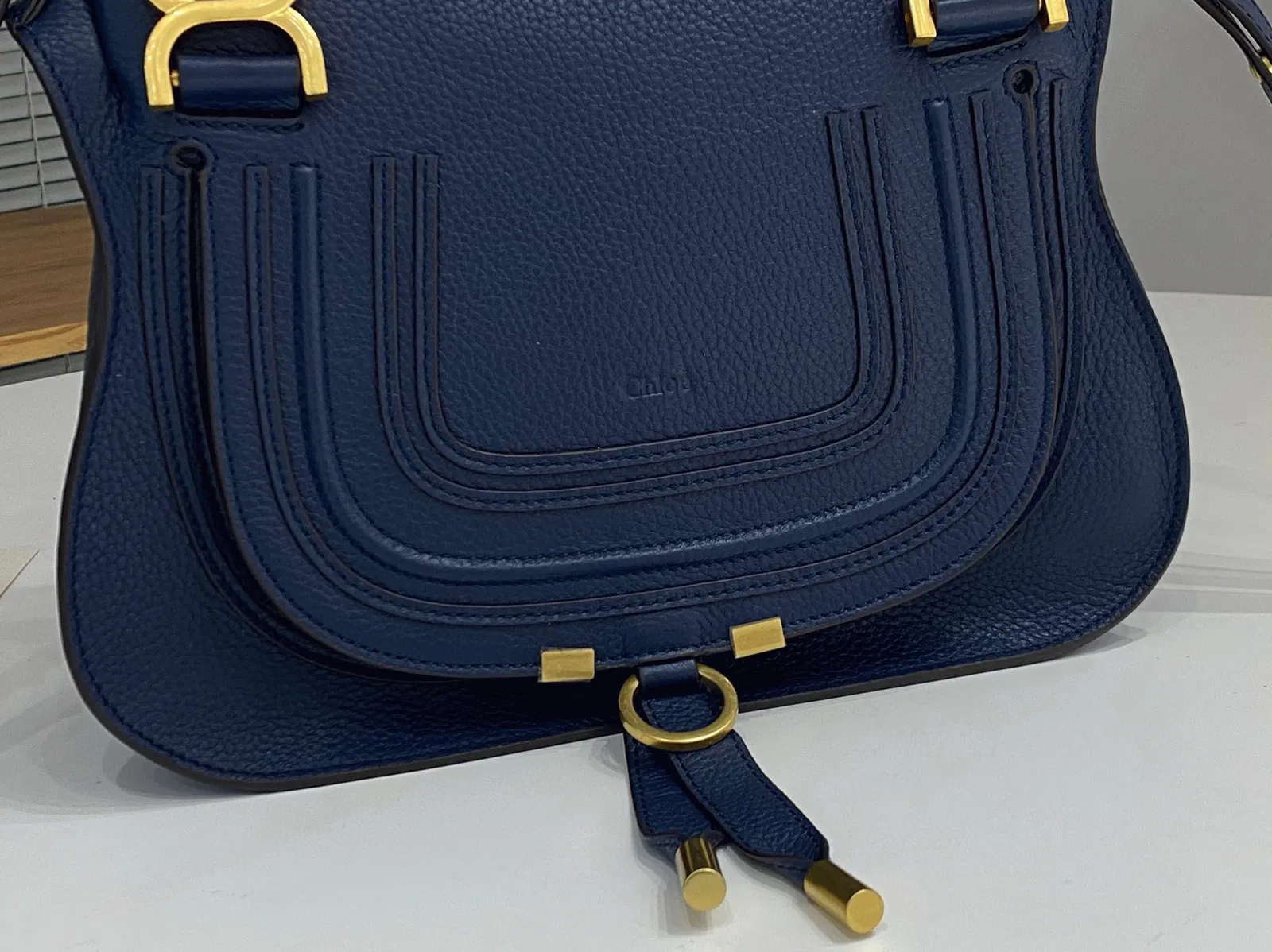 Top Quality Fake Chloe Marcie Small Double Carry Bag in Blue Grained Leather — image 2