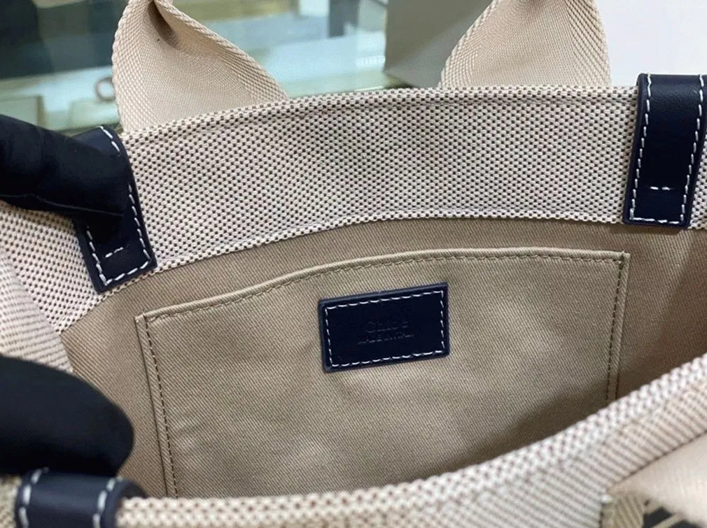 Top Quality Fake Chloe Small Woody Tote Bag in Canvas with Blue Leather Strips — image 6