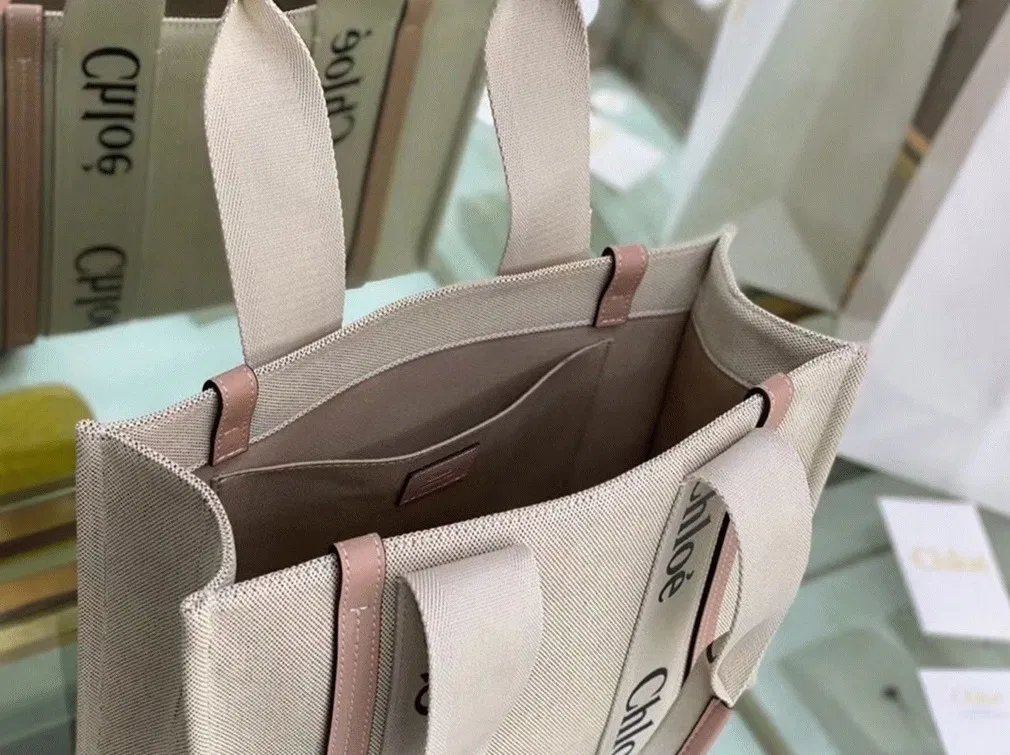 Top Quality Replica Chloe Medium Woody Tote Bag in Canvas with Beige Leather Strips — image 10