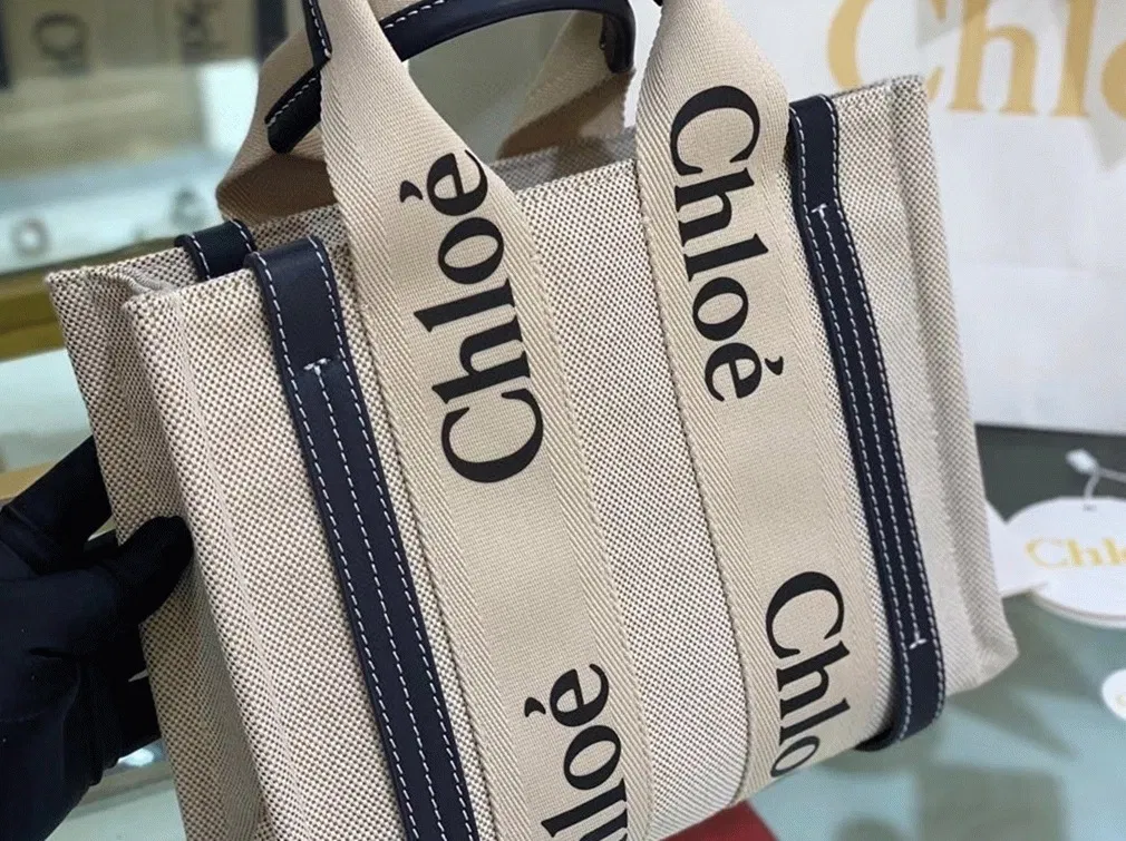 Top Quality Fake Chloe Small Woody Tote Bag in Canvas with Blue Leather Strips — image 3