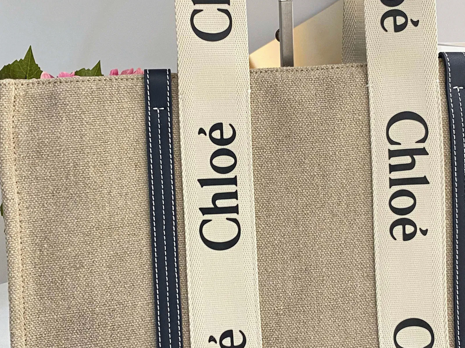 Top Quality Replica Chloe Large Woody Tote Bag in Canvas with Blue Leather Strips — image 11