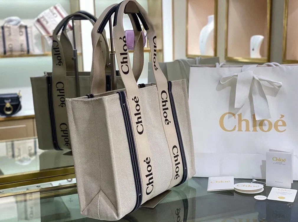 Top Quality Knockoff Chloe Medium Woody Tote Bag in Canvas with Blue Leather Strips — image 9