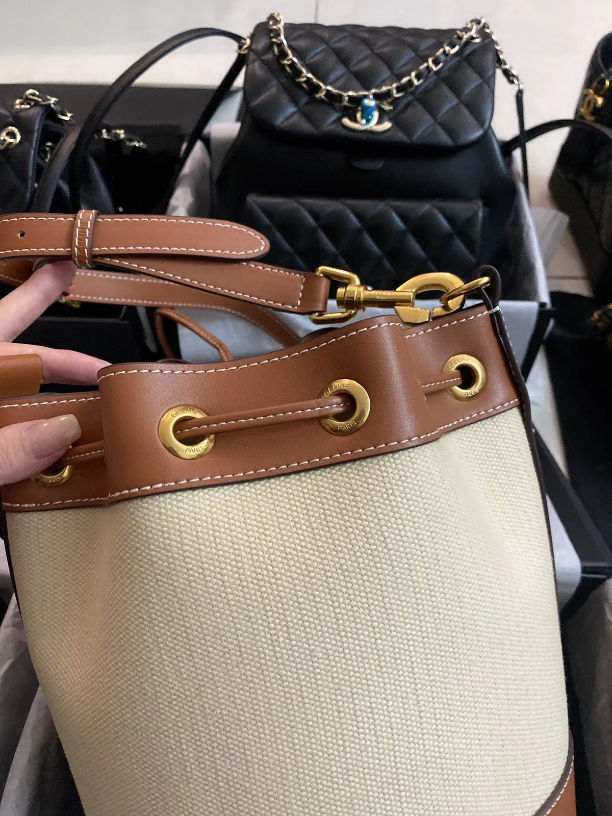Small drawstring cabas marin in TEXTILE AND CALFSKIN — image 6
