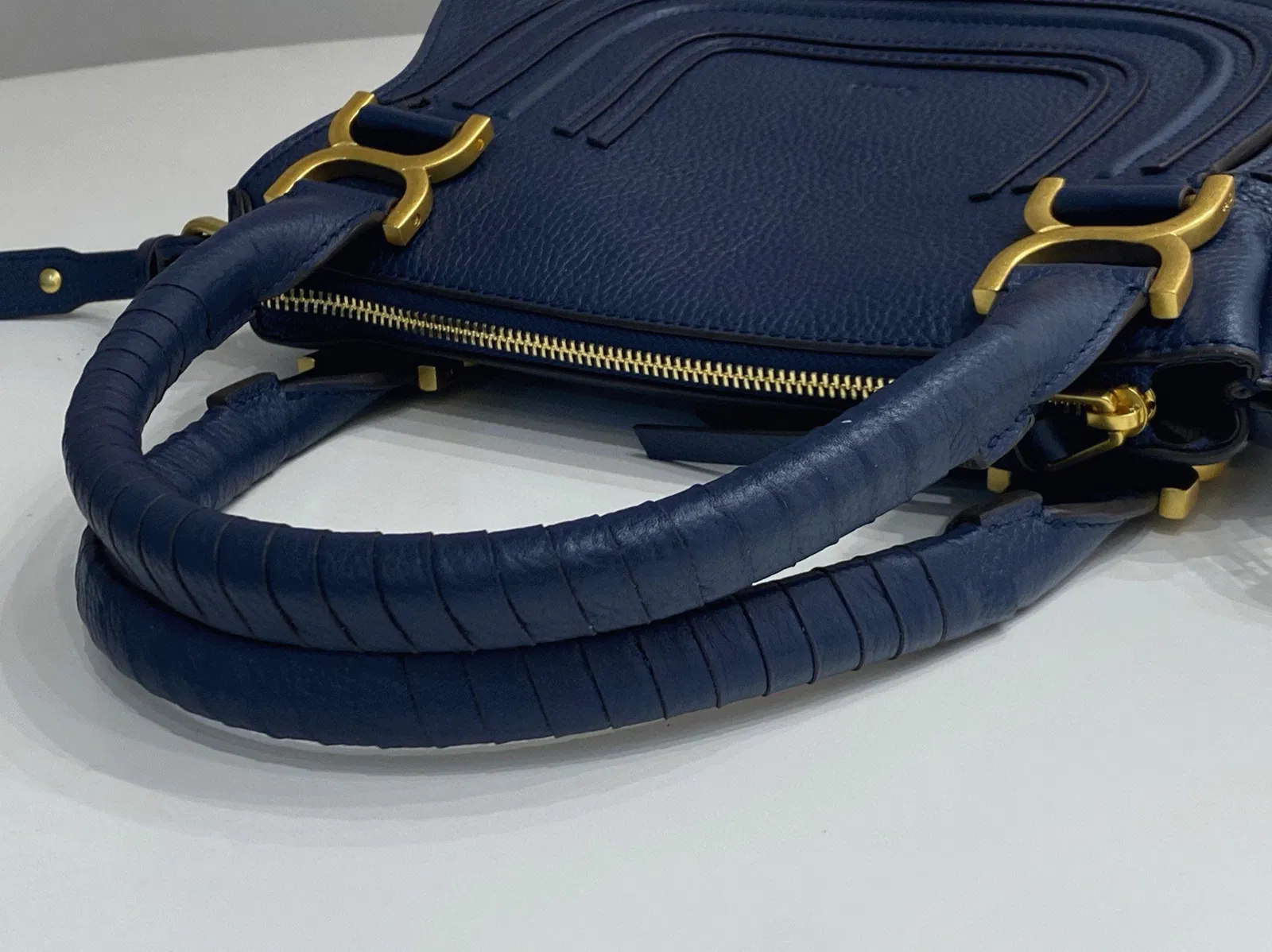 Top Quality Fake Chloe Marcie Small Double Carry Bag in Blue Grained Leather — image 8