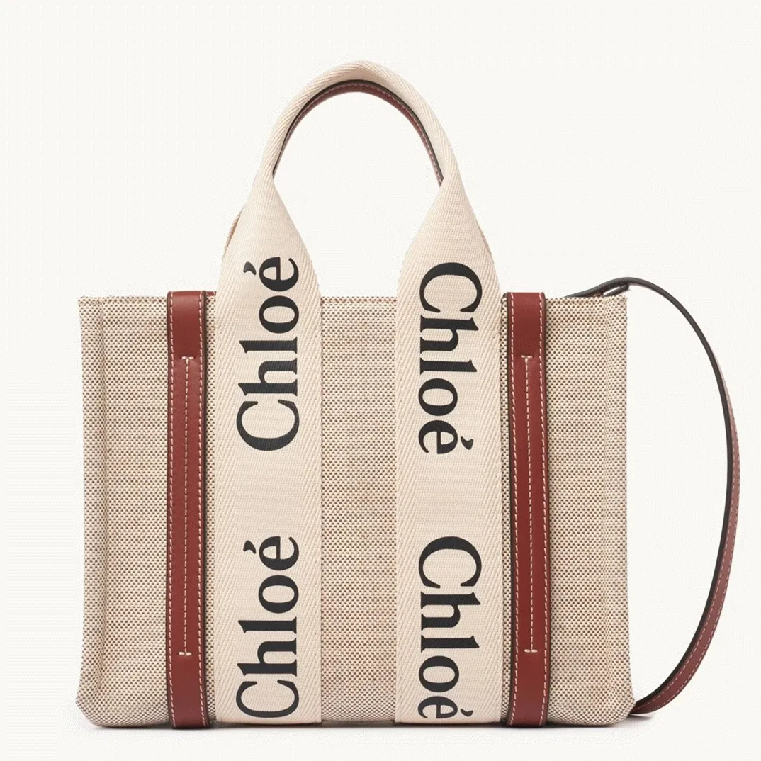 Top Quality Knockoff Chloe Small Woody Tote Bag in Canvas with Brown Leather Strips