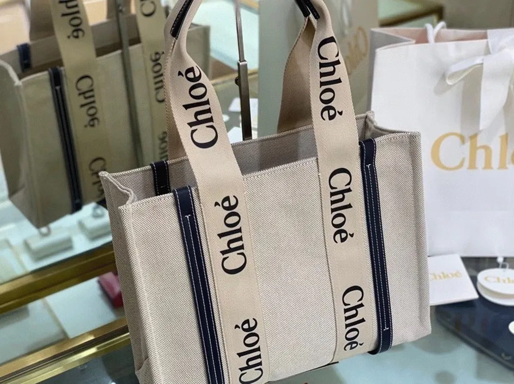 Top Quality Knockoff Chloe Medium Woody Tote Bag in Canvas with Blue Leather Strips — image 2