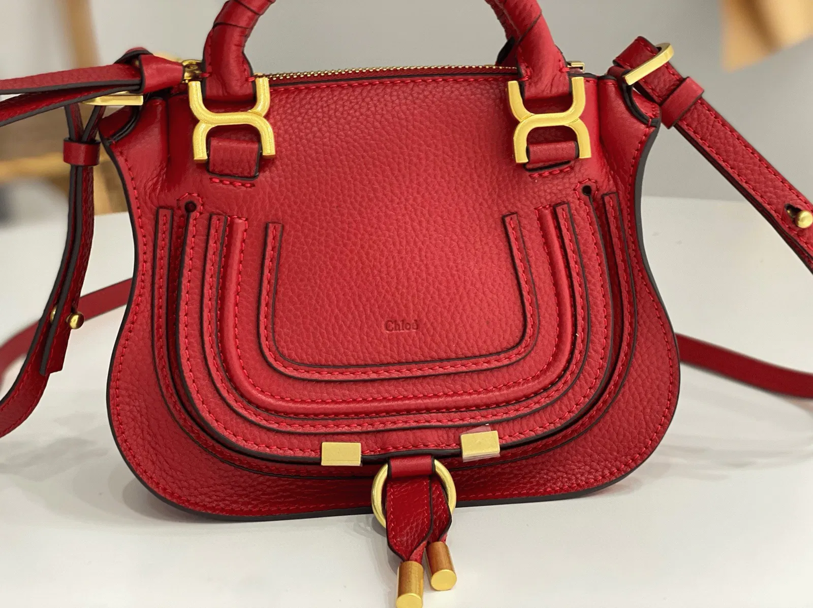 Top Quality Knockoff Chloe Marcie Mini Double Carry Bag in Red Grained Leather — image 5