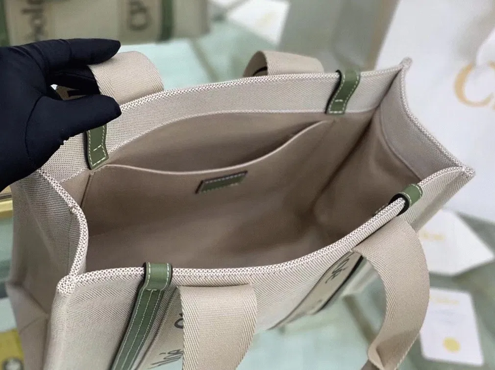 Top Quality Fake Chloe Medium Woody Tote Bag in Canvas with Green Leather Strips — image 7