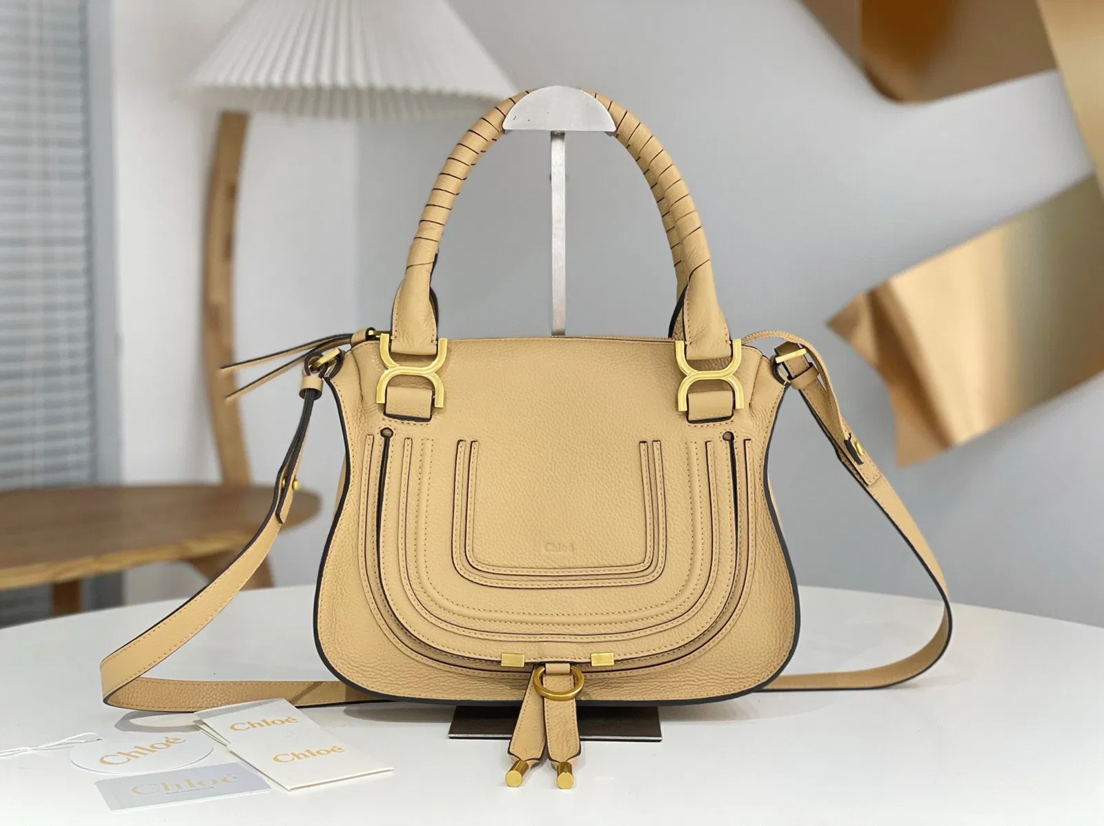 Top Quality Fake Chloe Marcie Small Double Carry Bag in Beige Grained Leather — image 7
