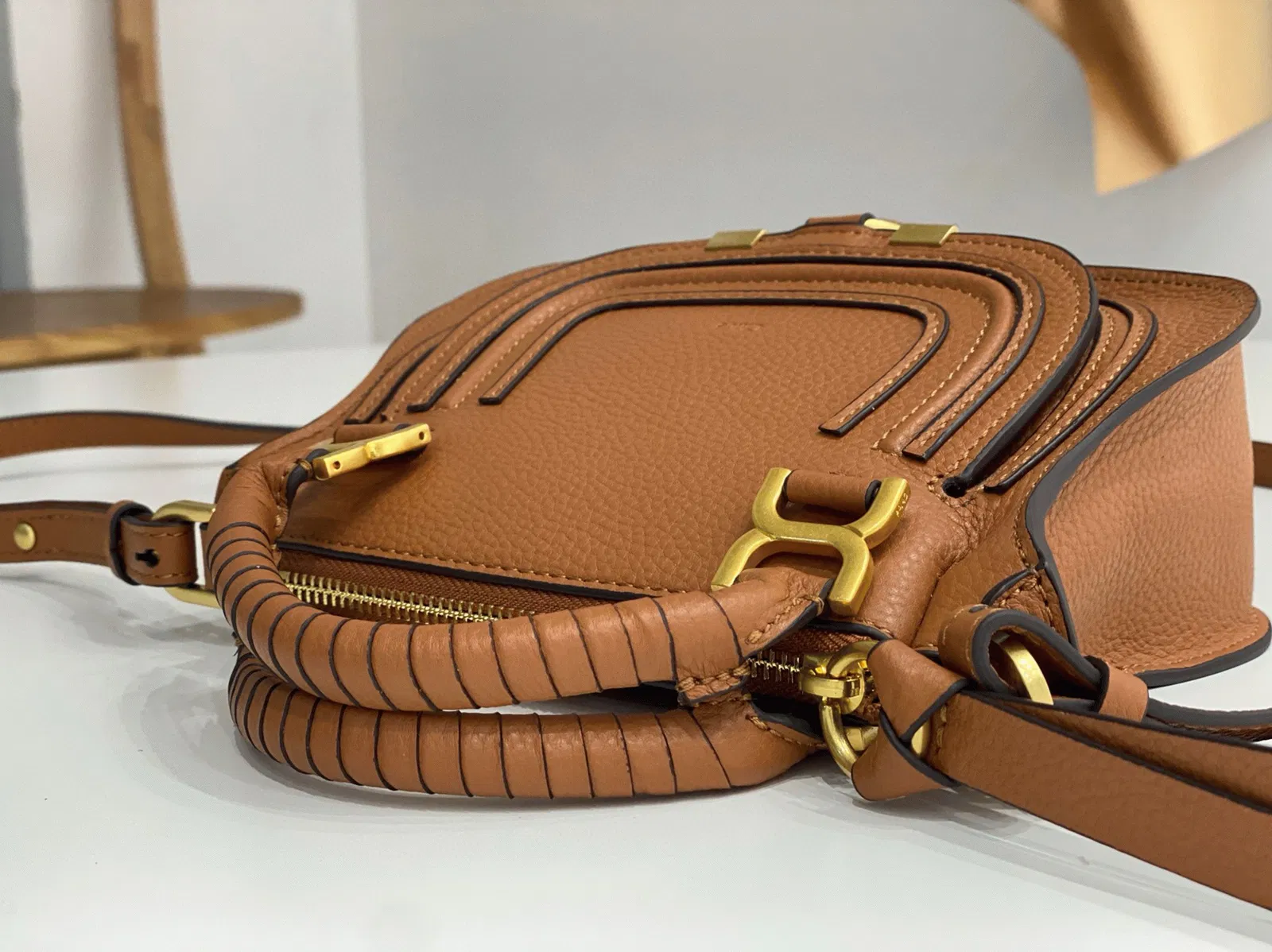 Top Quality Replica Chloe Marcie Mini Double Carry Bag in Brown Grained Leather — image 7