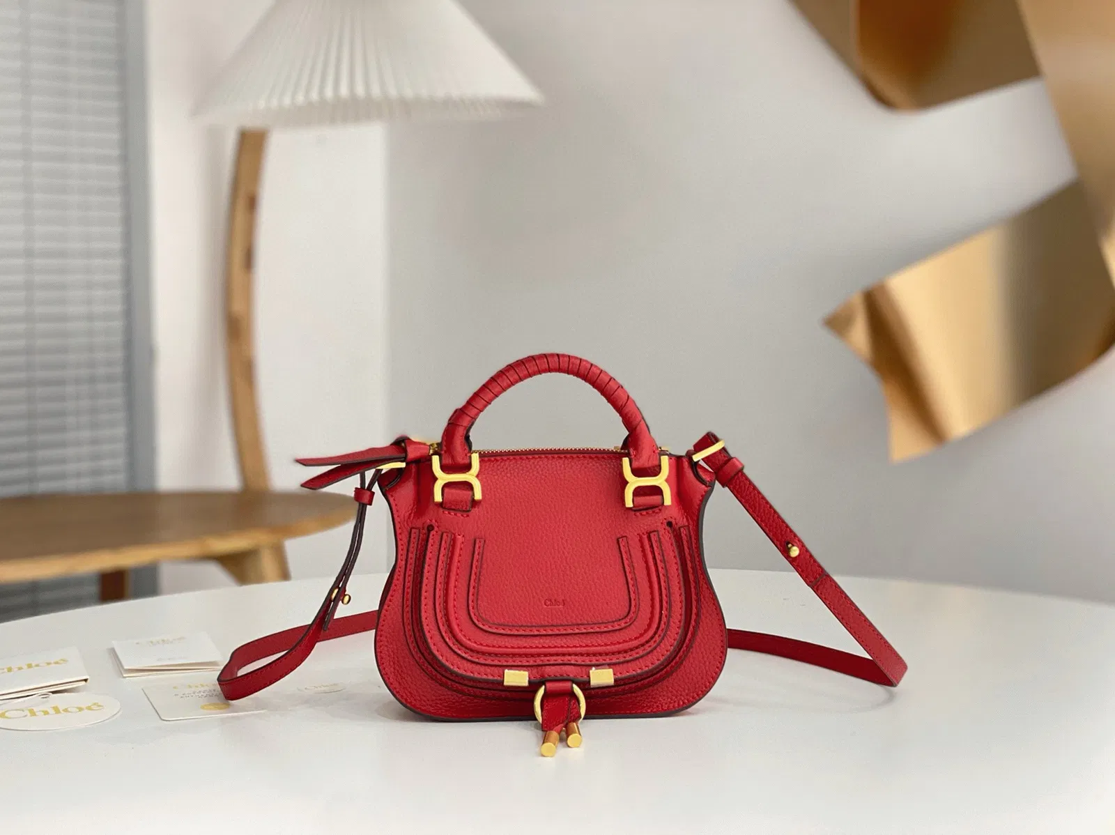Top Quality Knockoff Chloe Marcie Mini Double Carry Bag in Red Grained Leather — image 6