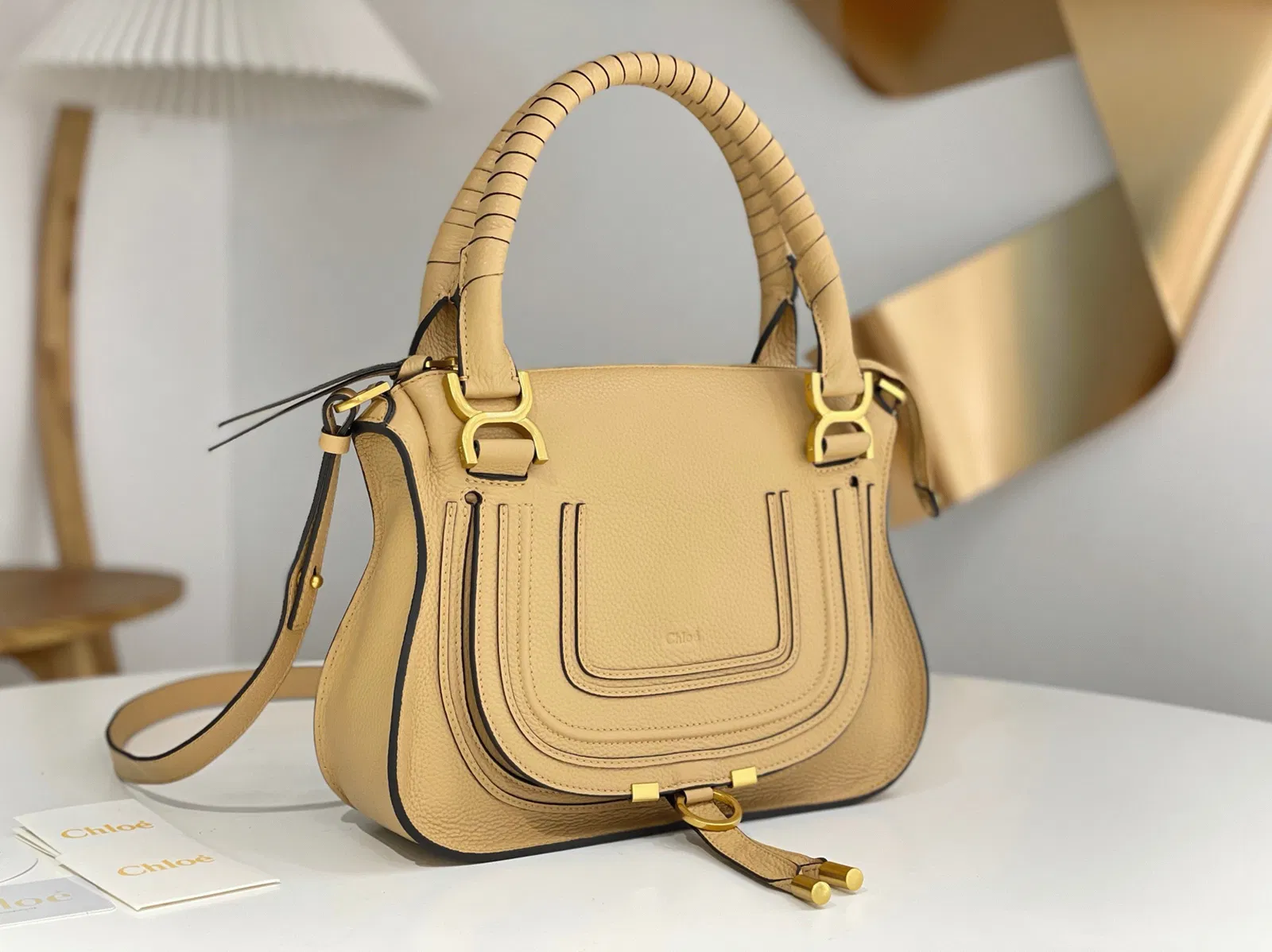 Top Quality Fake Chloe Marcie Small Double Carry Bag in Beige Grained Leather — image 8