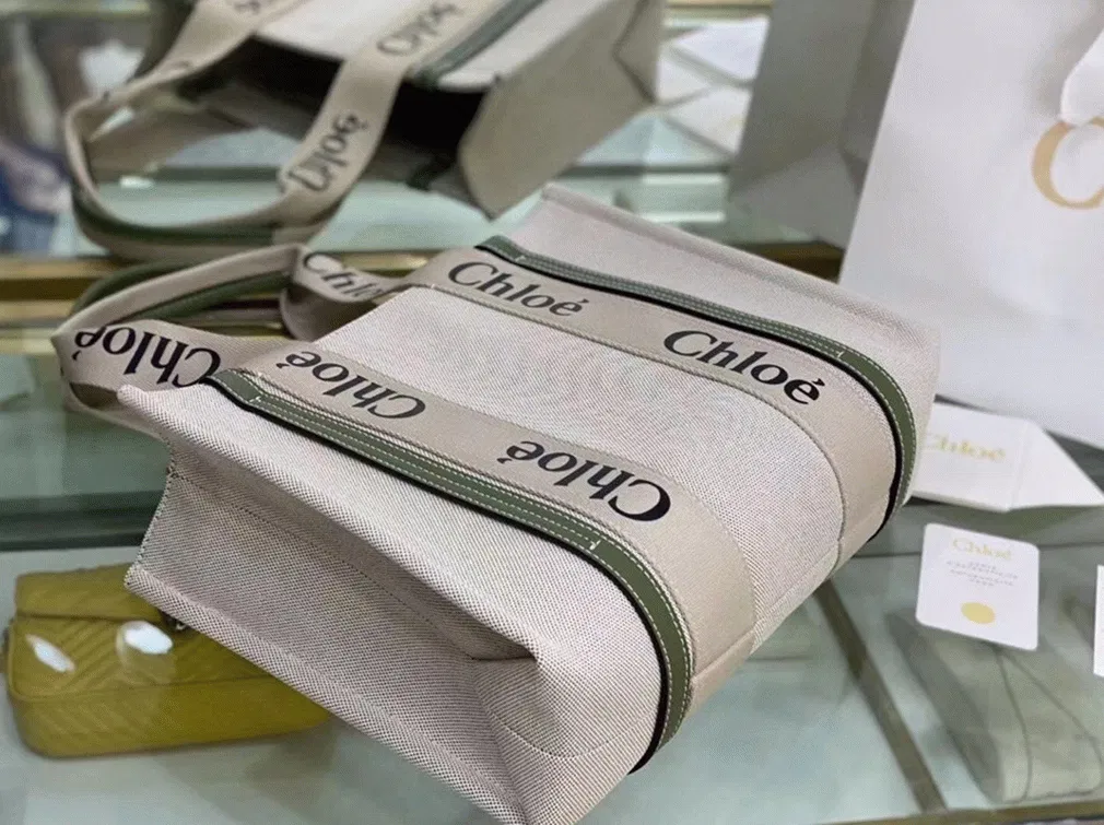 Top Quality Fake Chloe Medium Woody Tote Bag in Canvas with Green Leather Strips — image 9