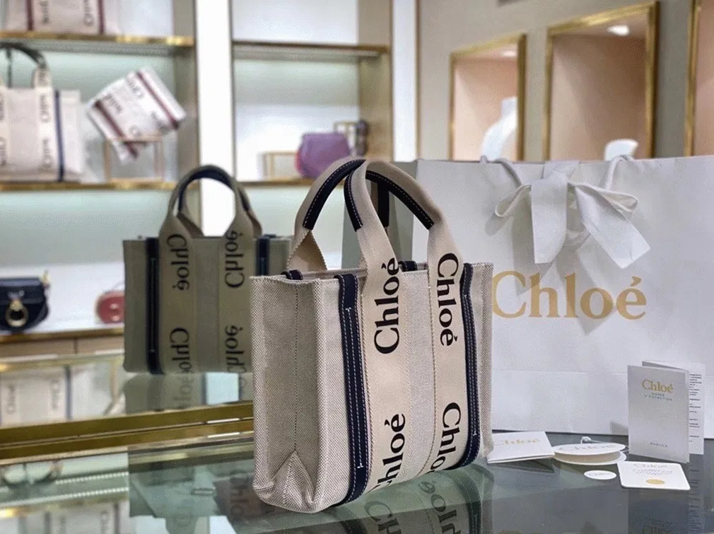 Top Quality Fake Chloe Small Woody Tote Bag in Canvas with Blue Leather Strips — image 4