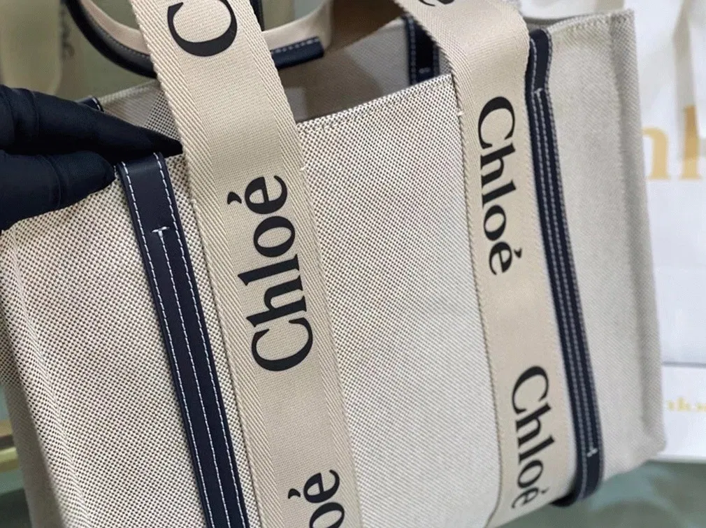 Top Quality Knockoff Chloe Medium Woody Tote Bag in Canvas with Blue Leather Strips — image 3