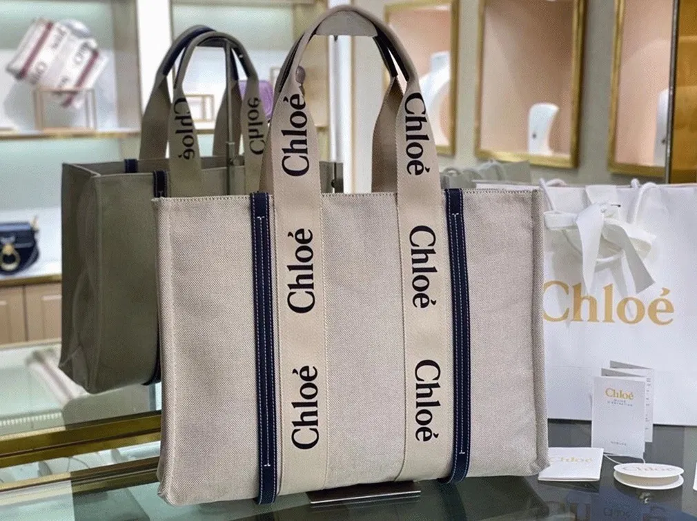 Top Quality Replica Chloe Large Woody Tote Bag in Canvas with Blue Leather Strips — image 3