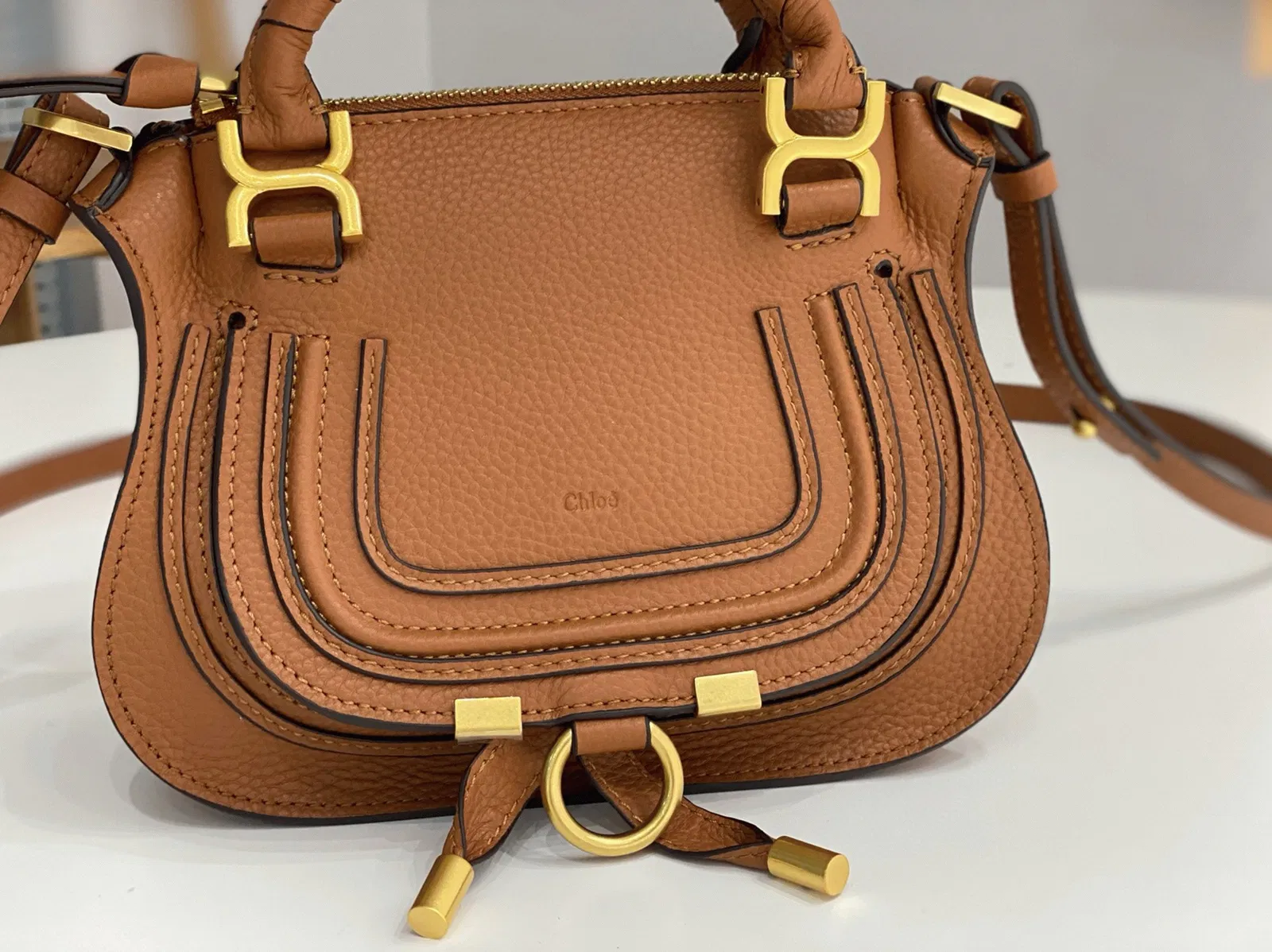 Top Quality Replica Chloe Marcie Mini Double Carry Bag in Brown Grained Leather — image 6
