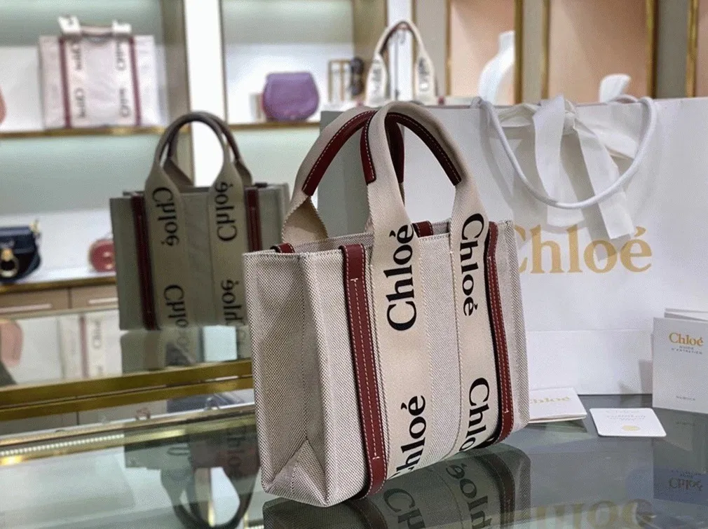 Top Quality Replica Chloe Small Woody Tote Bag in Canvas with Camel Leather Strips — image 7
