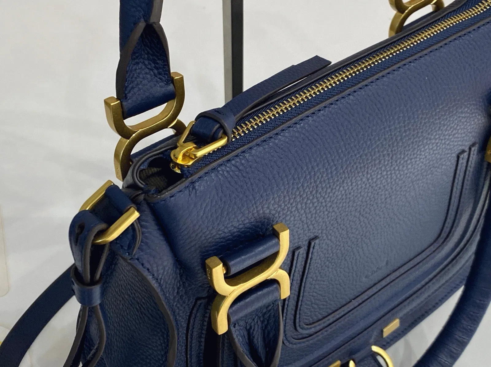 Top Quality Fake Chloe Marcie Small Double Carry Bag in Blue Grained Leather — image 7