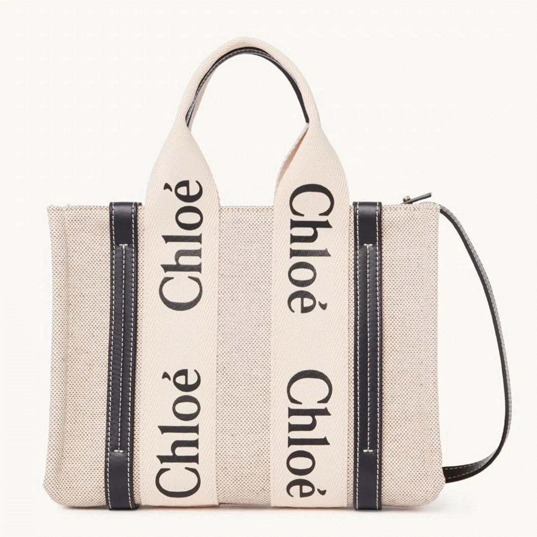 Top Quality Fake Chloe Small Woody Tote Bag in Canvas with Blue Leather Strips