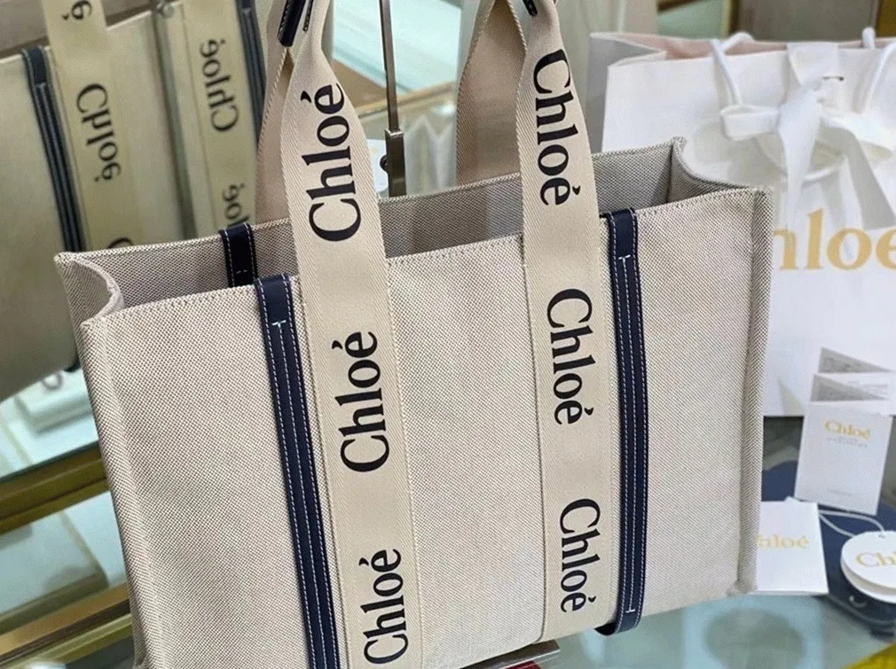 Top Quality Replica Chloe Large Woody Tote Bag in Canvas with Blue Leather Strips — image 2