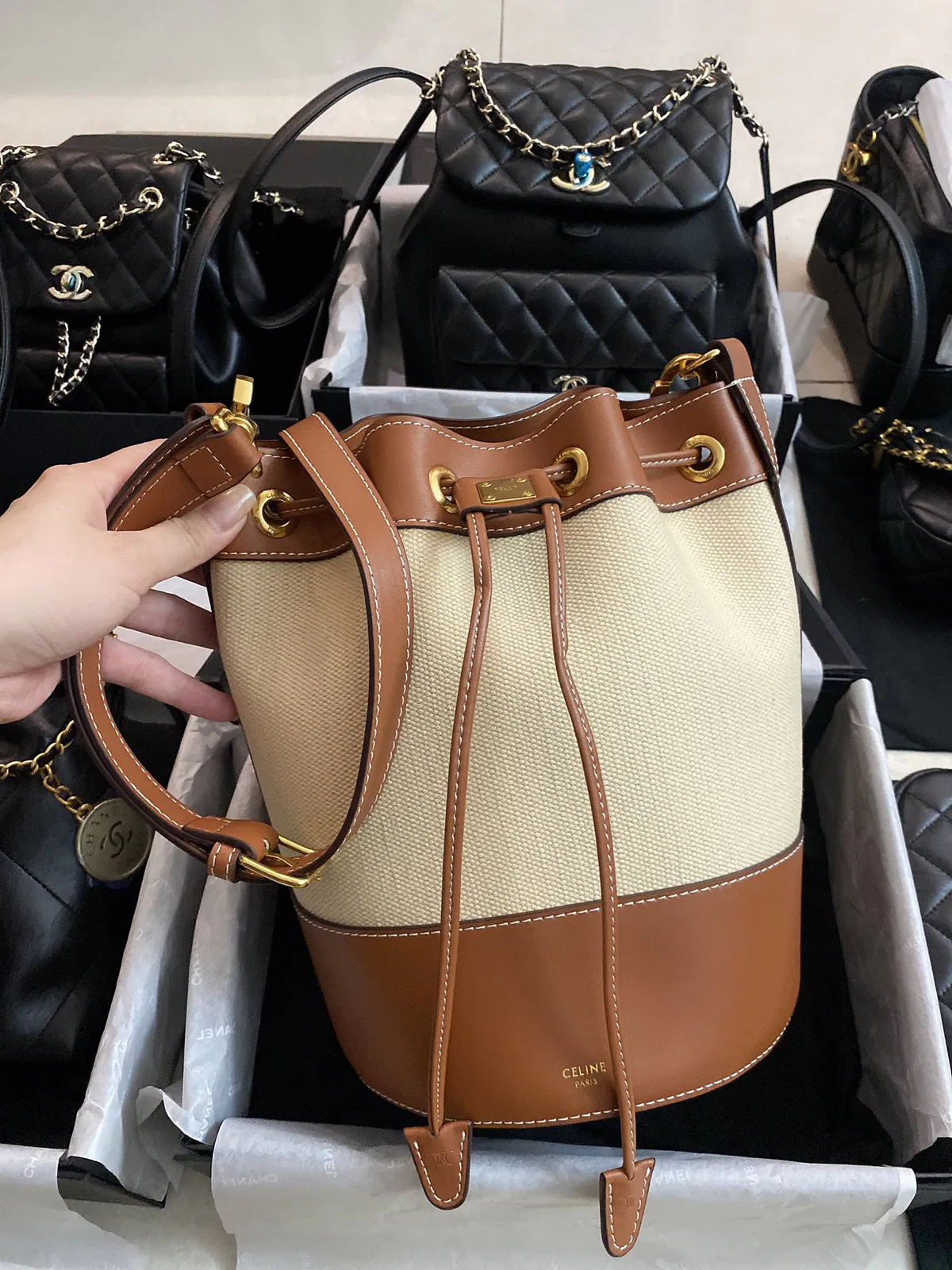 Small drawstring cabas marin in TEXTILE AND CALFSKIN — image 4
