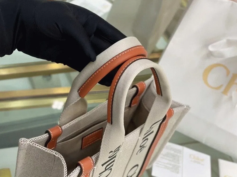 Top Quality Knockoff Chloe Small Woody Tote Bag in Canvas with Brown Leather Strips — image 5