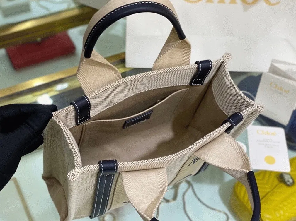 Top Quality Fake Chloe Small Woody Tote Bag in Canvas with Blue Leather Strips — image 8