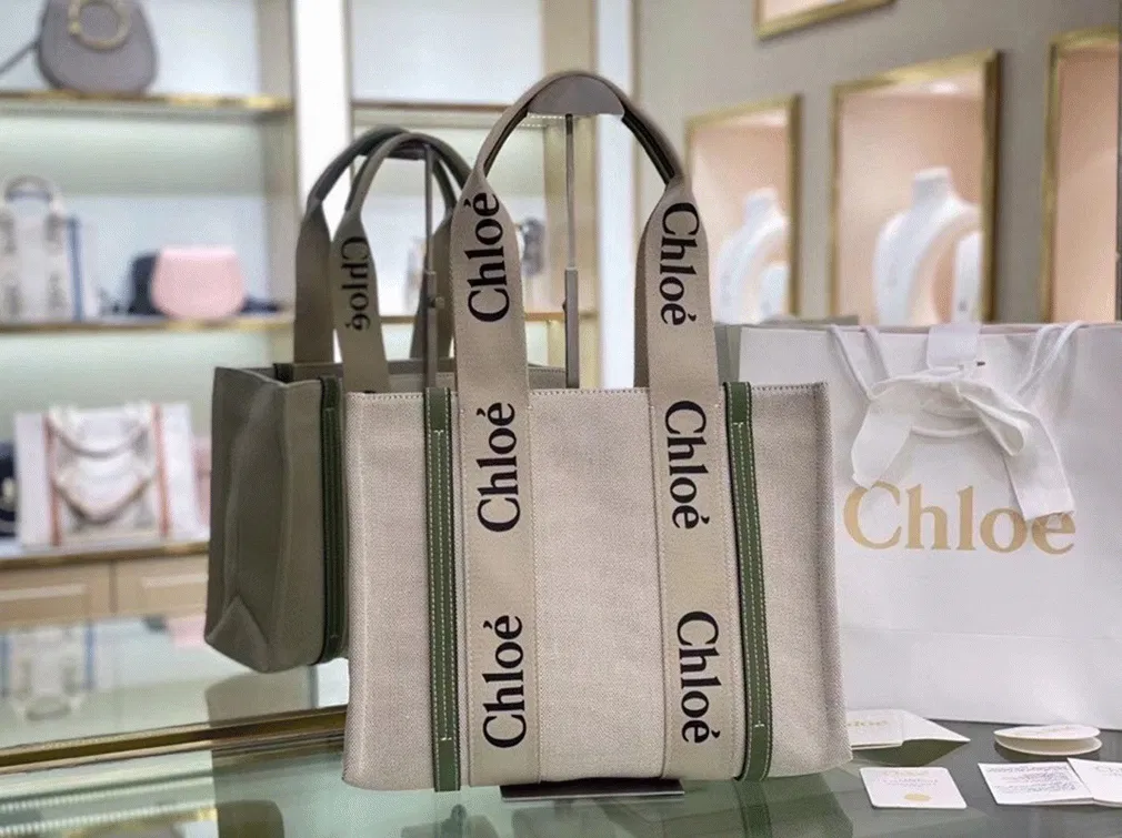 Top Quality Fake Chloe Medium Woody Tote Bag in Canvas with Green Leather Strips — image 8