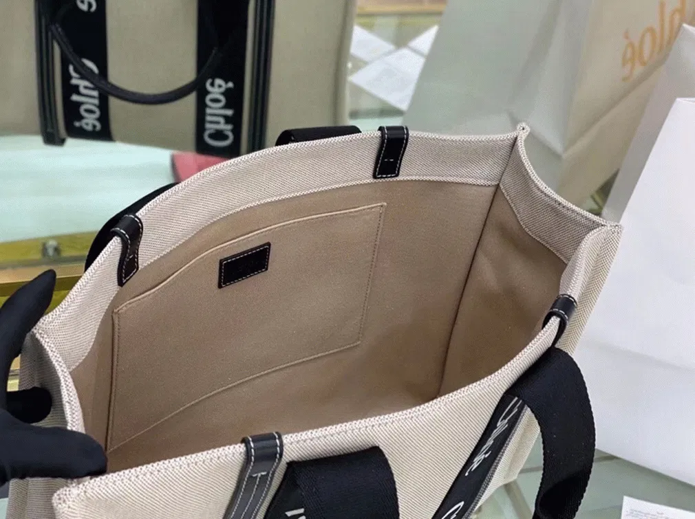 Top Quality Knockoff Chloe Medium Woody Tote Bag in Canvas with Black Leather Strips — image 9
