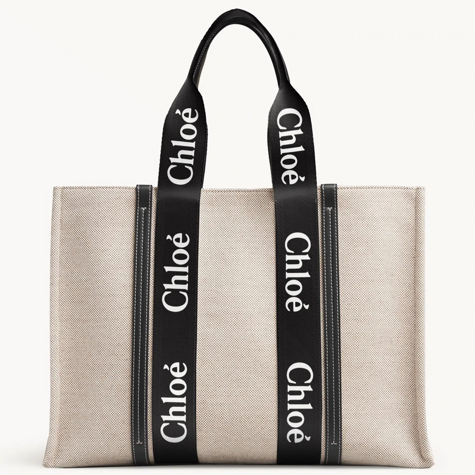 Top Quality Knockoff Chloe Medium Woody Tote Bag in Canvas with Black Leather Strips