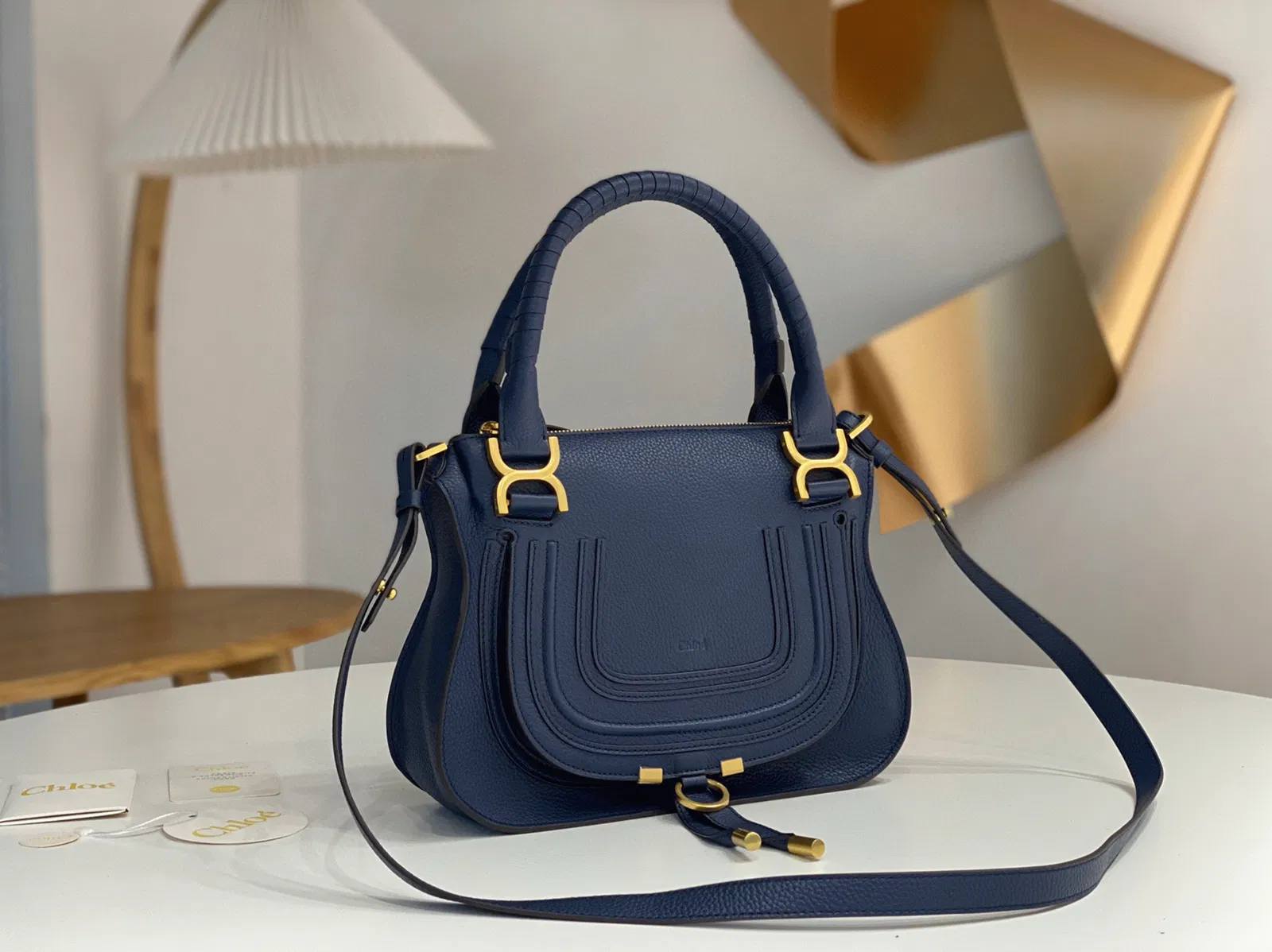 Top Quality Fake Chloe Marcie Small Double Carry Bag in Blue Grained Leather — image 9