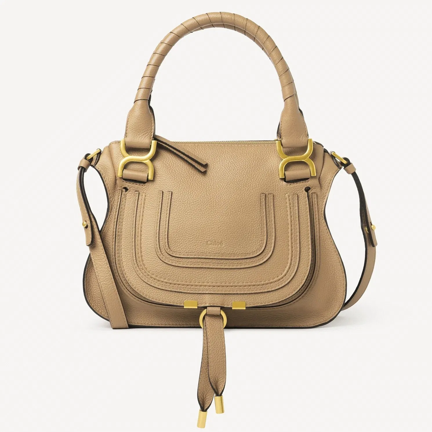 Top Quality Fake Chloe Marcie Small Double Carry Bag in Beige Grained Leather