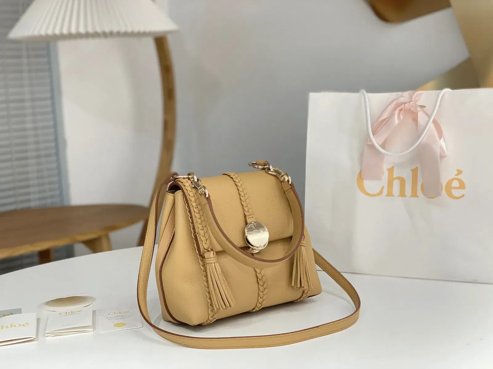 Top Quality Replica Chloe Penelope Small Shoulder Bag in Beige Grained Calfskin — image 5