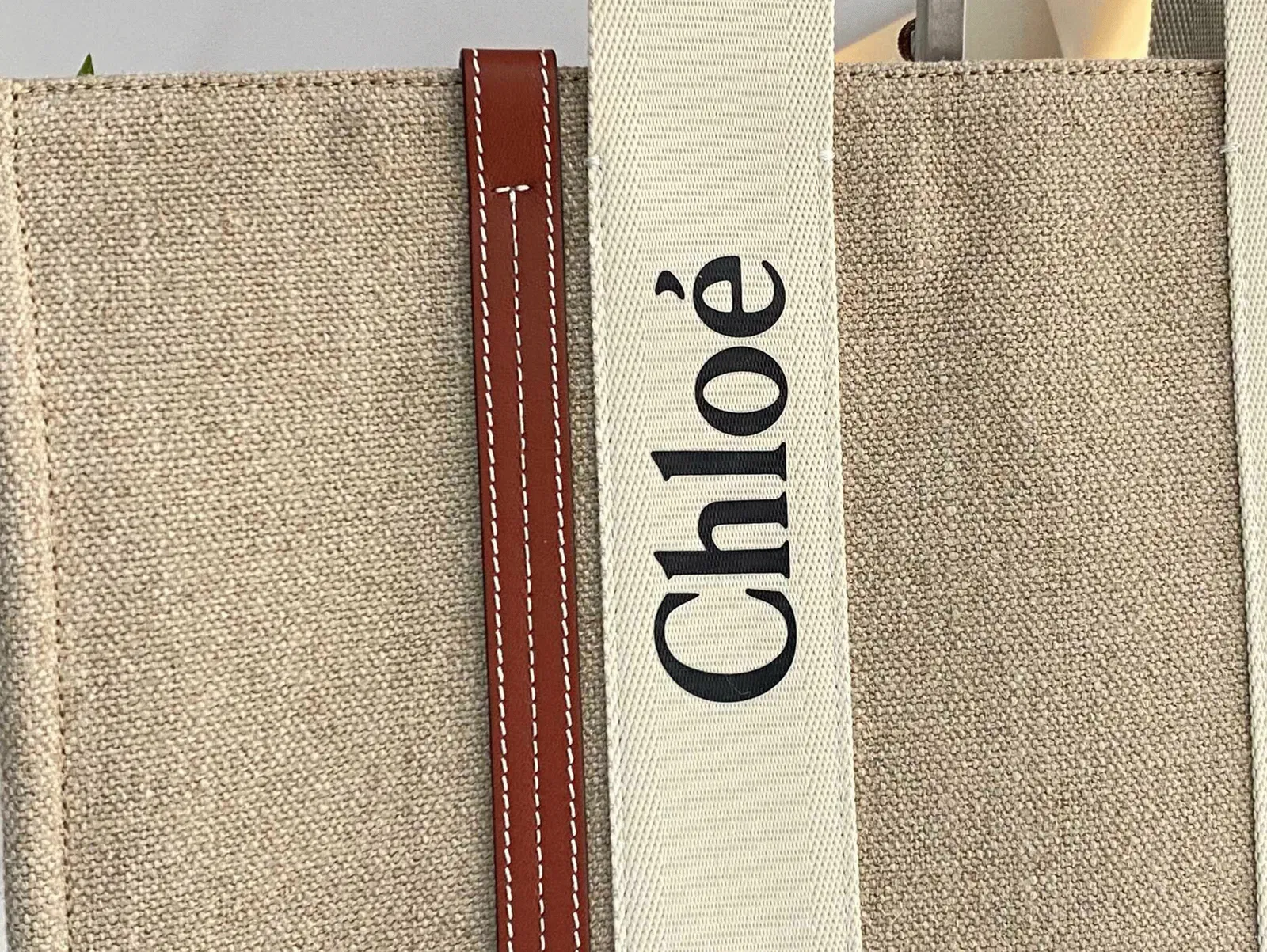 Top Quality Fake Chloe Medium Woody Tote Bag in Canvas with Tan Leather Strips — image 3